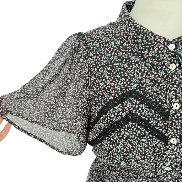 Very J Floral Sheer Shirt Dress Short Flutter Sleeve Mini Length Size Medium - Picture 3 of 13